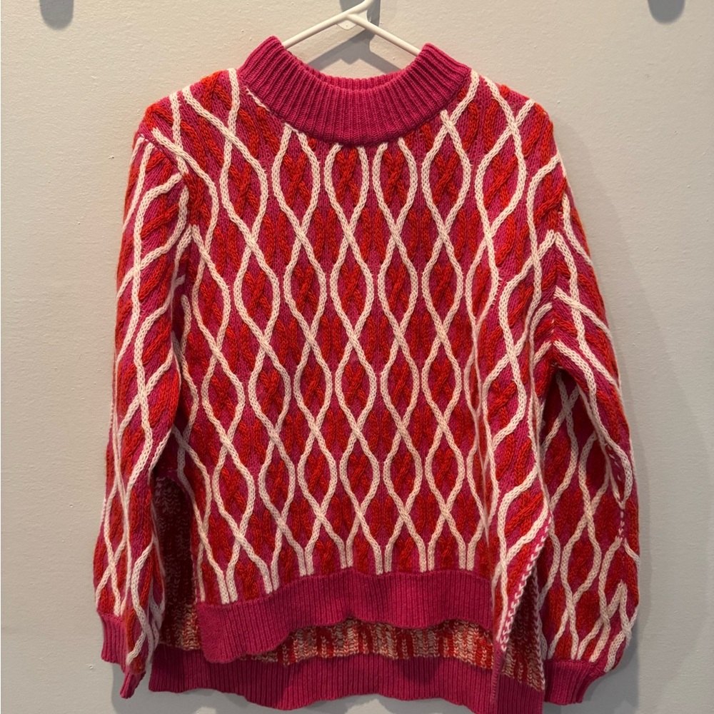 STINE GOYA Red and White Patterned Turtleneck Sweater
